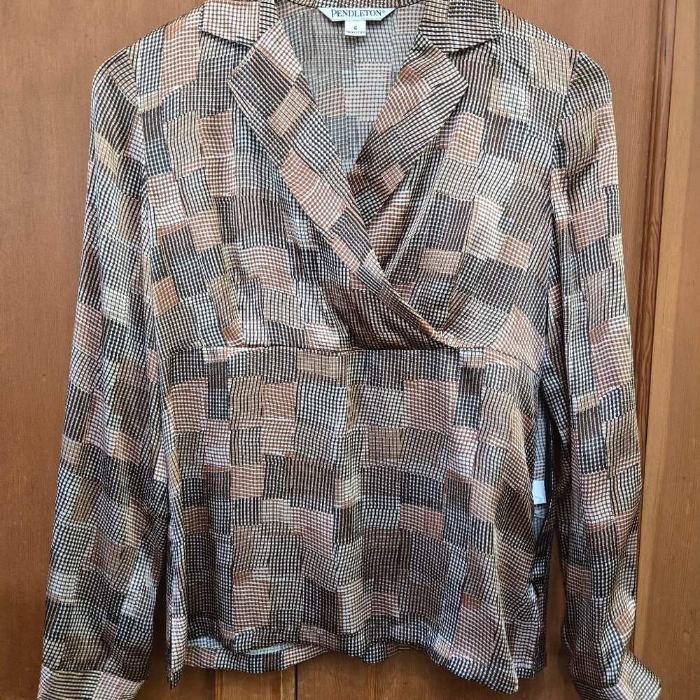 Pendleton Women's Silk Blouse Size 6 Brown Black and White New with Tags